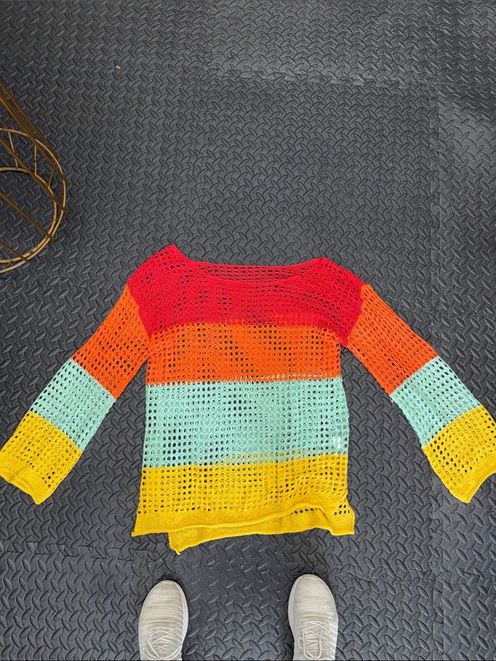 Amazon Multicolor Crochet Long Sleeve Sweater - Red, Orange, Mint, Yellow